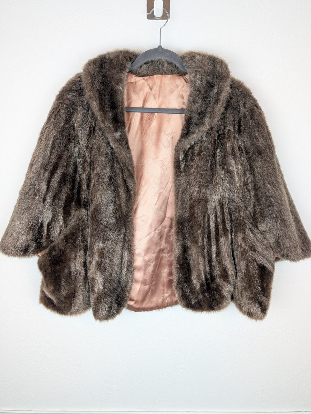 Regina Glenara Glenoit Coat Shawl Jacket Faux Fur Glam Vintage 80s Brown Size L